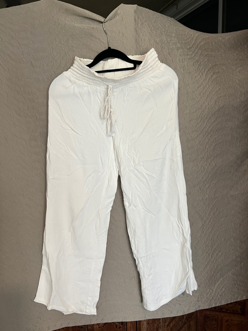 White Drawstring Wide-Leg Linen Like Pants